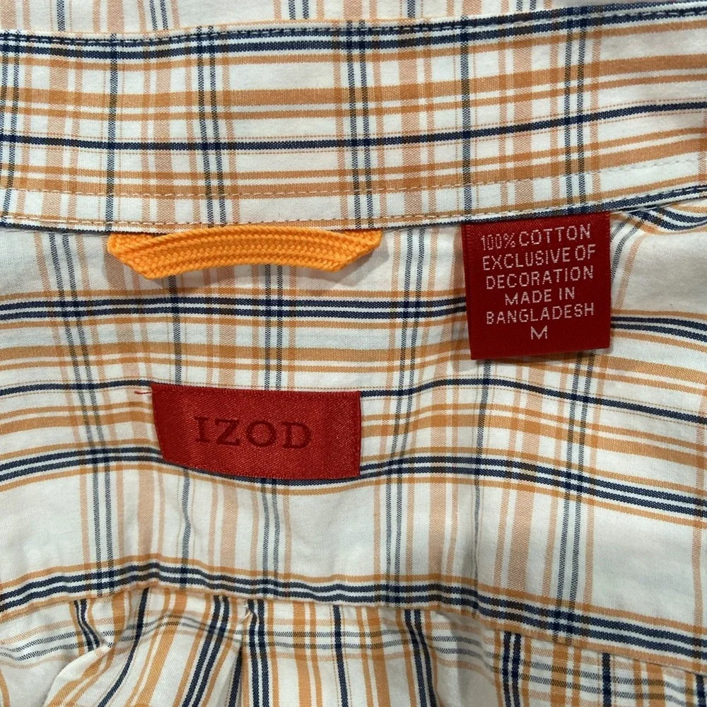 IZOD Short Sleeve Button-Down Shirt‎ Mens Size M Plaid Orange Navy White Logo